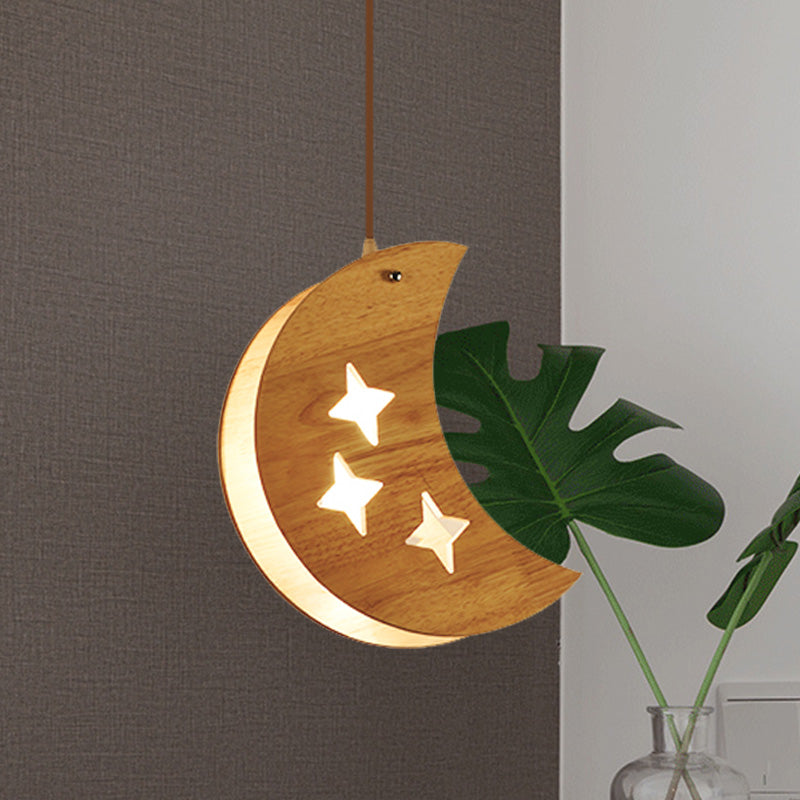 Wood Dual Star/Moon Panel Pendant Light Cartoon 1 Light Suspension Lamp in Beige for Restaurant