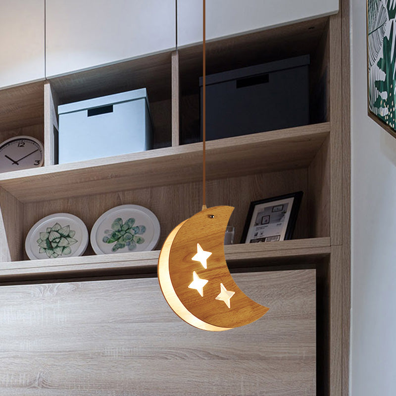 Wood Dual Star/Moon Panel Pendant Light Cartoon 1 Light Suspension Lamp in Beige for Restaurant