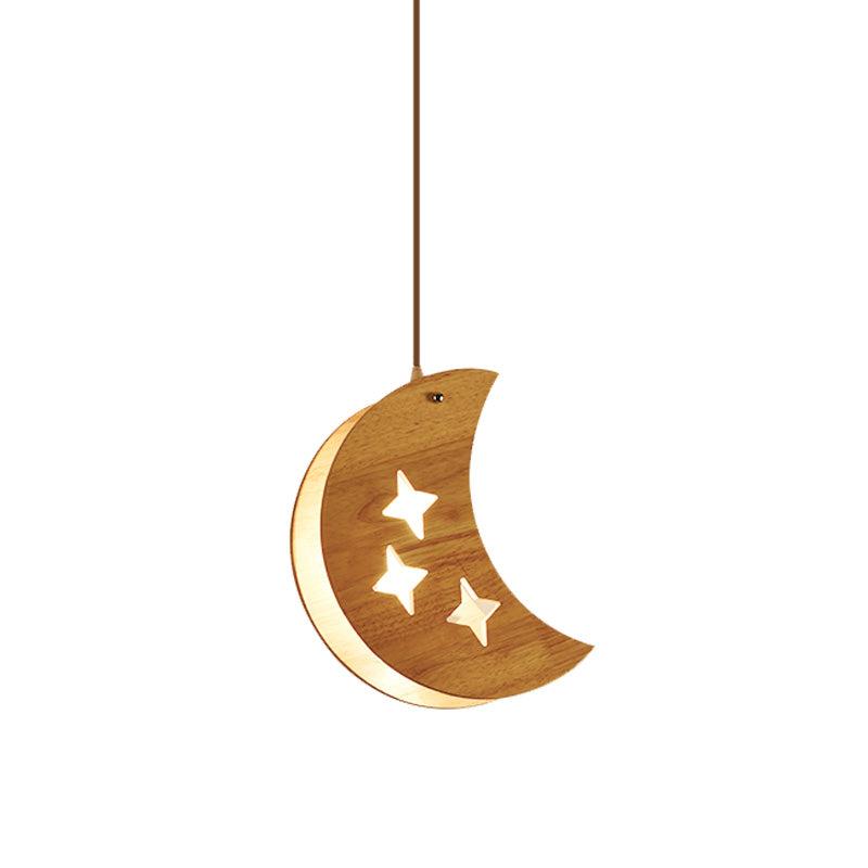 Wood Dual Star/Moon Panel Pendant Light Cartoon 1 Light Suspension Lamp in Beige for Restaurant