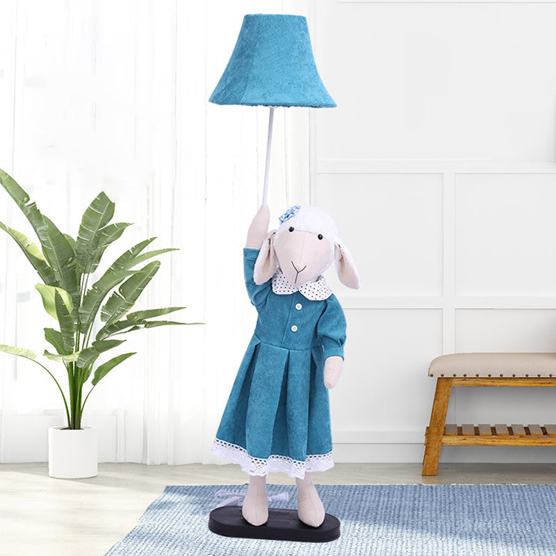 Cartoon Sheep Lady Floor Lighting Fabric 1 Light living Room Reading Floor Lamp with Bell Shade in Blue