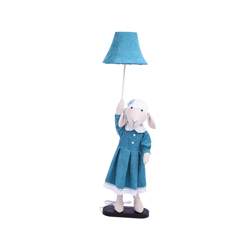 Cartoon Sheep Lady Floor Lighting Fabric 1 Light living Room Reading Floor Lamp with Bell Shade in Blue