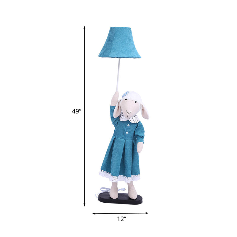 Cartoon Sheep Lady Floor Lighting Fabric 1 Light living Room Reading Floor Lamp with Bell Shade in Blue