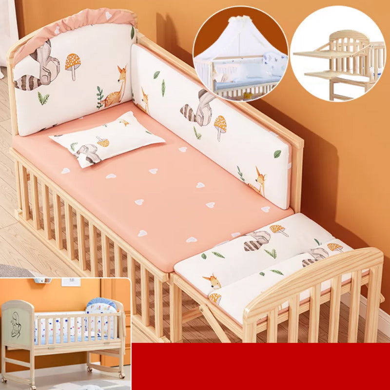 Scandinavian Solid Wood Nursery Crib Guardrail Baby Crib with Casters