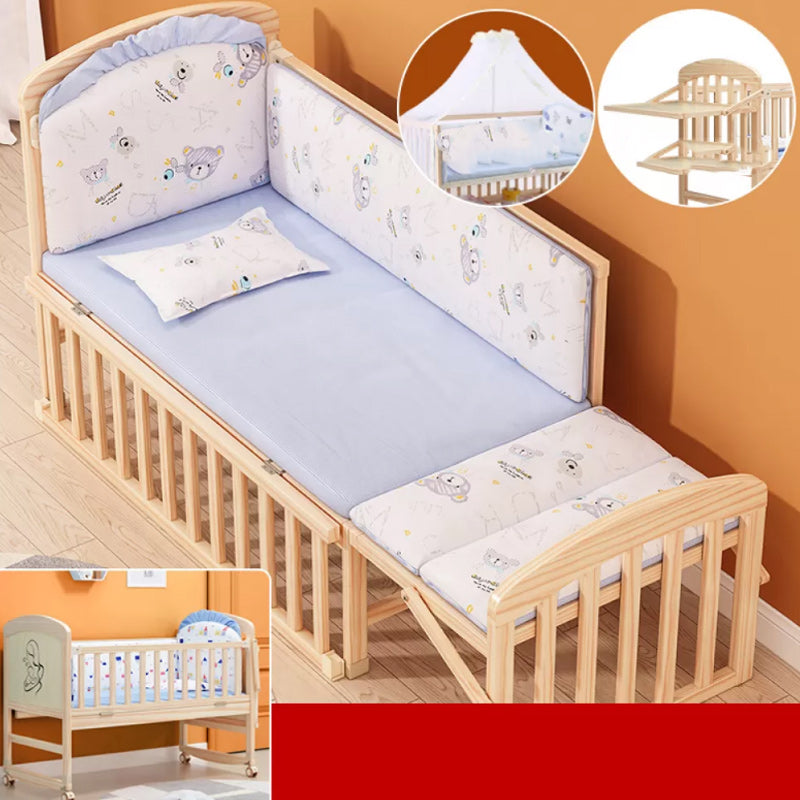 Scandinavian Solid Wood Nursery Crib Guardrail Baby Crib with Casters