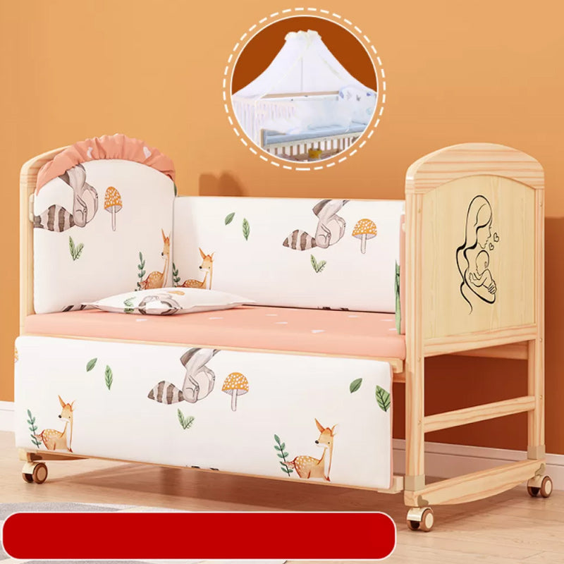 Scandinavian Solid Wood Nursery Crib Guardrail Baby Crib with Casters