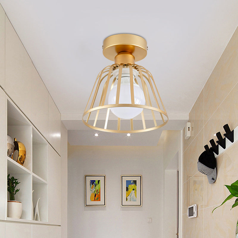 Minimalist Bowl Cage Semi Flush Lighting Iron 1 Bulb Corridor Ceiling Flush Mount in Black/Gold