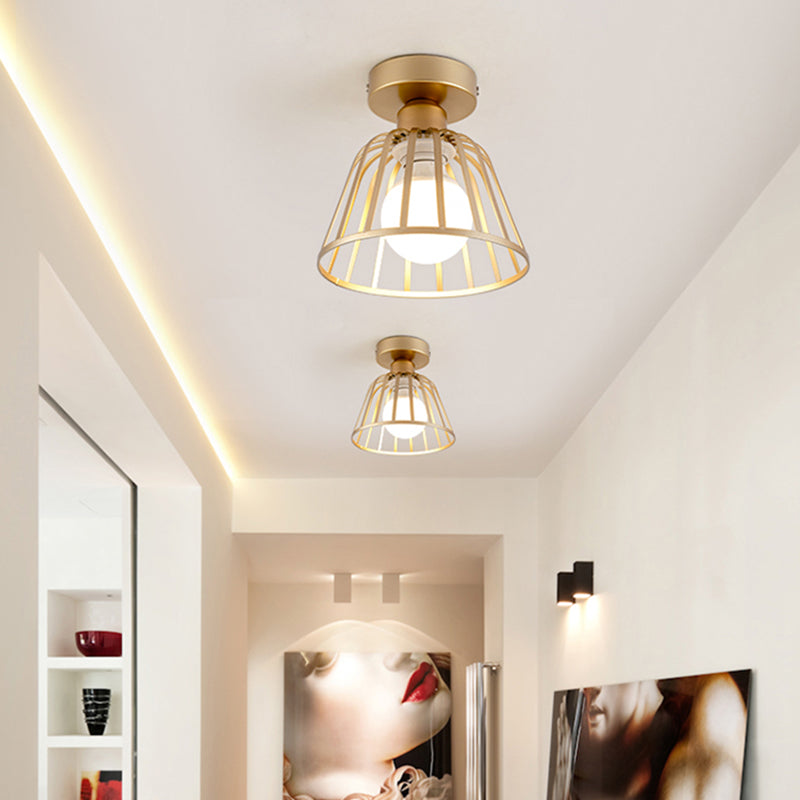 Minimalist Bowl Cage Semi Flush Lighting Iron 1 Bulb Corridor Ceiling Flush Mount in Black/Gold