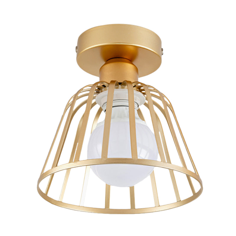 Minimalist Bowl Cage Semi Flush Lighting Iron 1 Bulb Corridor Ceiling Flush Mount in Black/Gold