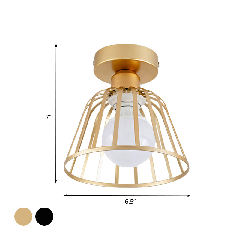 Minimalist Bowl Cage Semi Flush Lighting Iron 1 Bulb Corridor Ceiling Flush Mount in Black/Gold