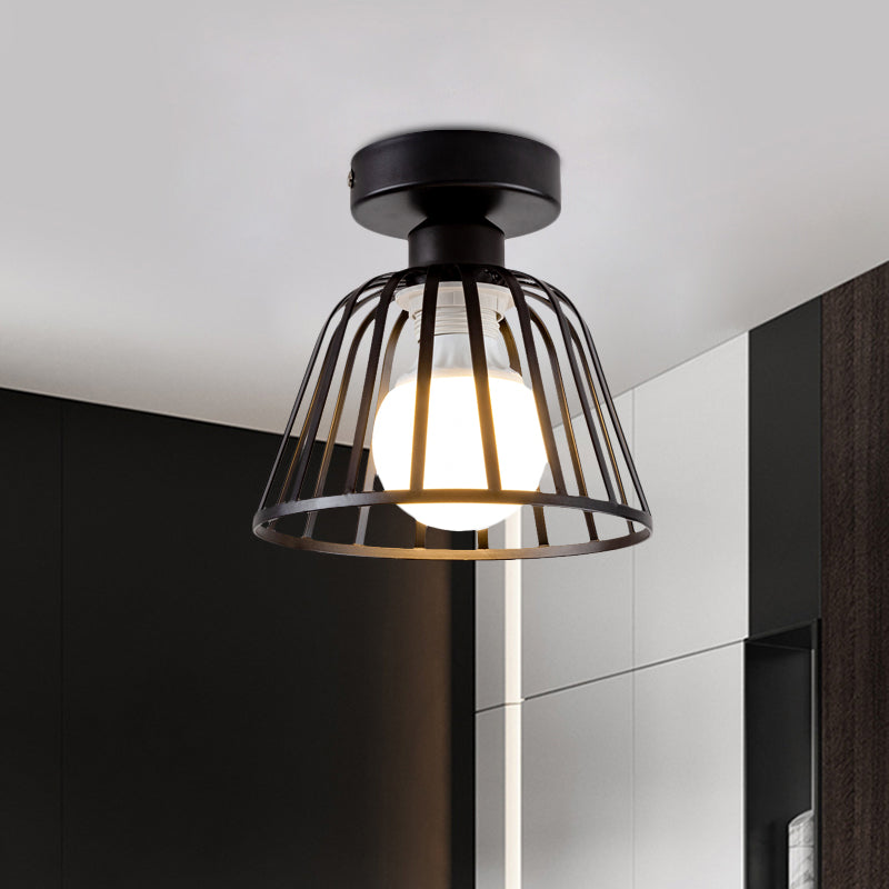 Minimalist Bowl Cage Semi Flush Lighting Iron 1 Bulb Corridor Ceiling Flush Mount in Black/Gold