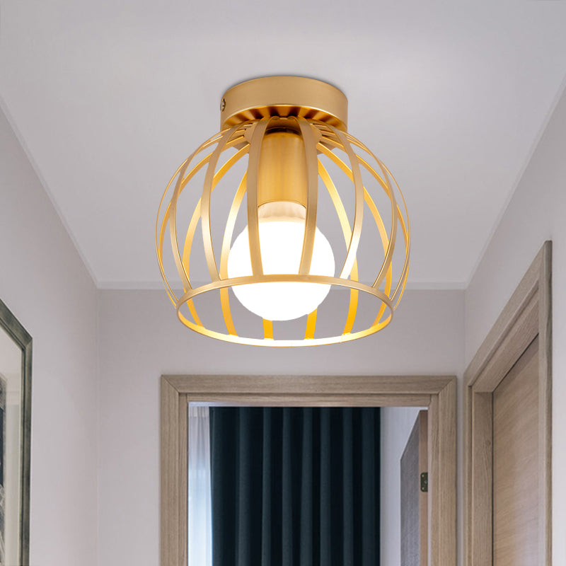 1 Light Corridor Flush Light Fixture Simple Black/Gold Finish Flush Mounted Lamp with Globe Cage Iron Shade