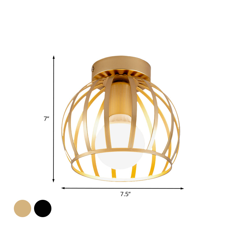 1 Light Corridor Flush Light Fixture Simple Black/Gold Finish Flush Mounted Lamp with Globe Cage Iron Shade