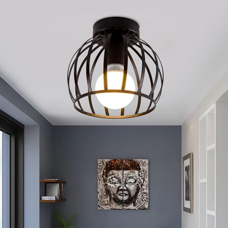 1 Light Corridor Flush Light Fixture Simple Black/Gold Finish Flush Mounted Lamp with Globe Cage Iron Shade