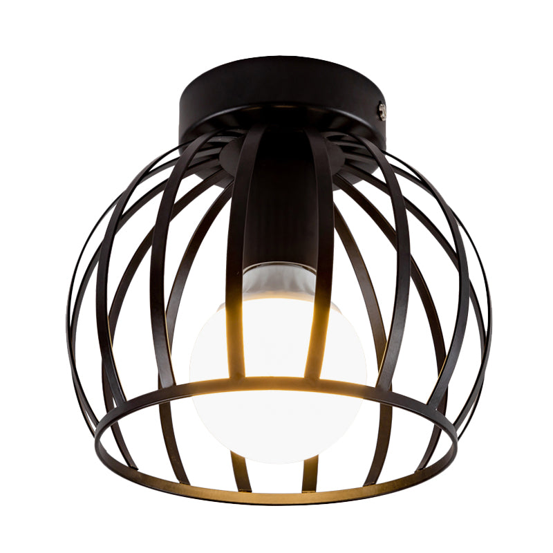 1 Light Corridor Flush Light Fixture Simple Black/Gold Finish Flush Mounted Lamp with Globe Cage Iron Shade