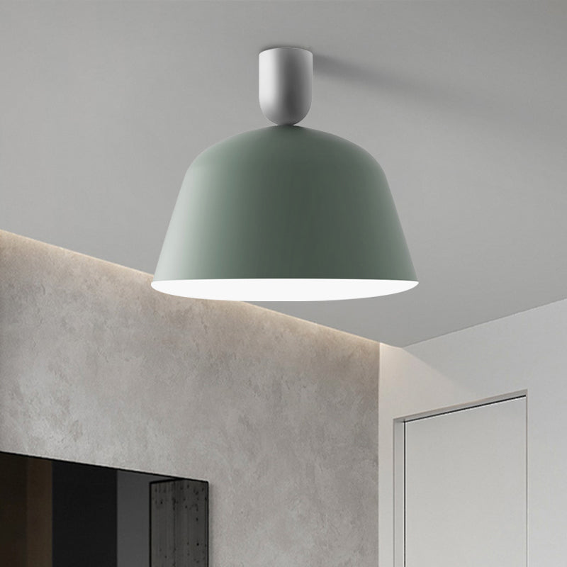 10"/12" Wide 1 Light Bedroom Semi Flush Mount Macaron Green Finish Ceiling Lamp Fixture with Bowl Iron Shade