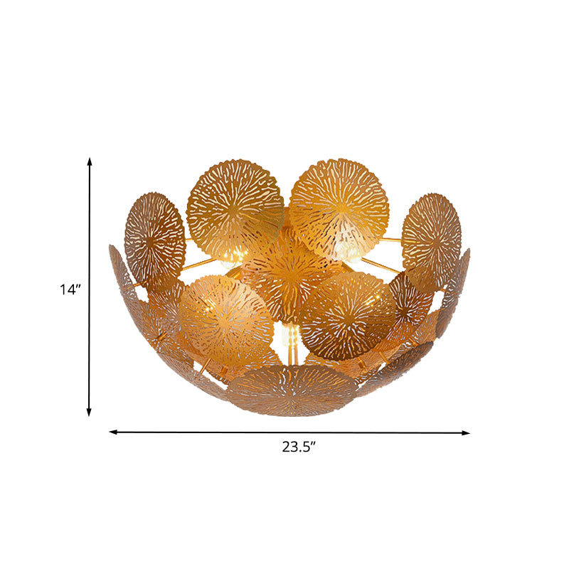 Luce in metallo a foglia di loto semifulco leggero postmoderno 5 teste oro Finitura a filo con lampada a montaggio