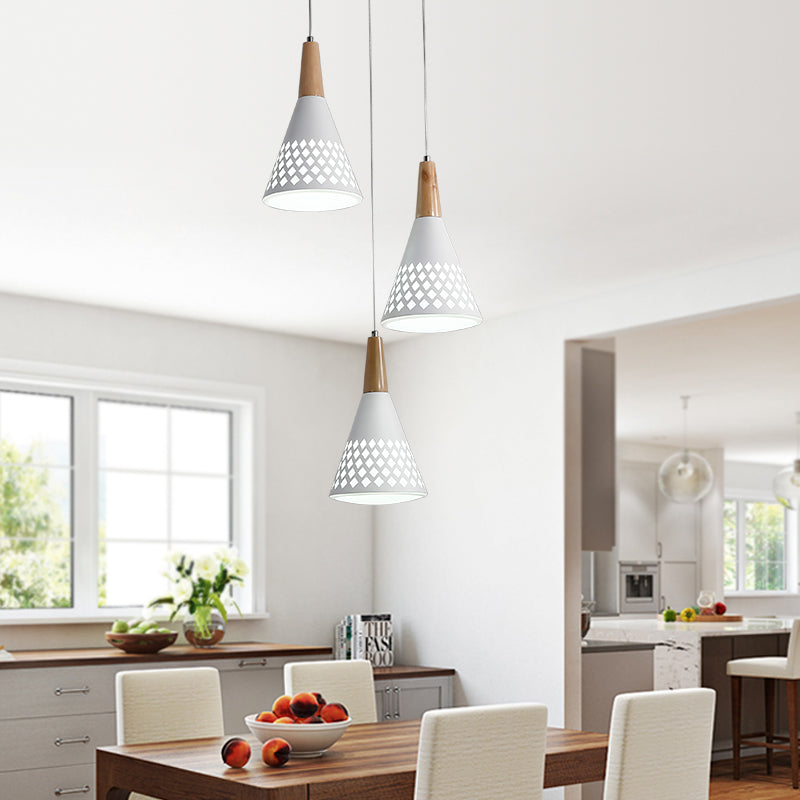 Iron Cone Cluster Pendant Light Modernist 3-Head Suspension Lamp with Hollow Out Grid Design in White and Wood