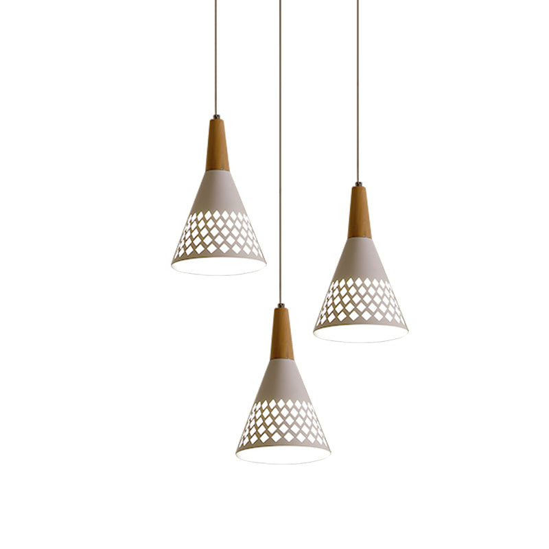 Iron Cone Cluster Pendant Light Modernist 3-Head Suspension Lamp with Hollow Out Grid Design in White and Wood