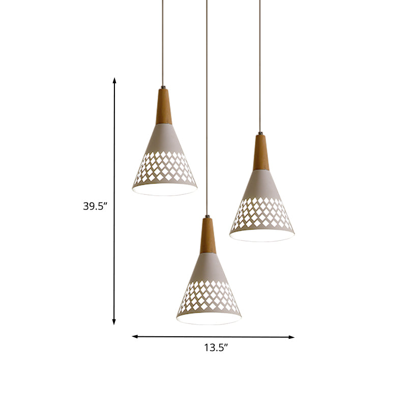 Iron Cone Cluster Pendant Light Modernist 3-Head Suspension Lamp with Hollow Out Grid Design in White and Wood