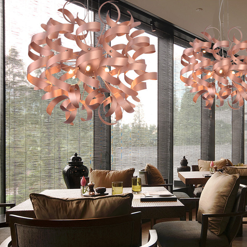 Metal Spiral Ribbon Shape Hanging Light Kit Contemporary 6-Bulb Copper Finish LED Chandelier Lighting for Restaurant