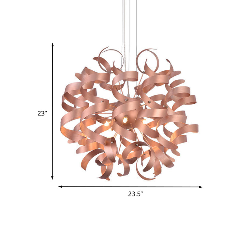 Metal Spiral Ribbon Shape Hanging Light Kit Contemporary 6-Bulb Copper Finish LED Chandelier Lighting for Restaurant