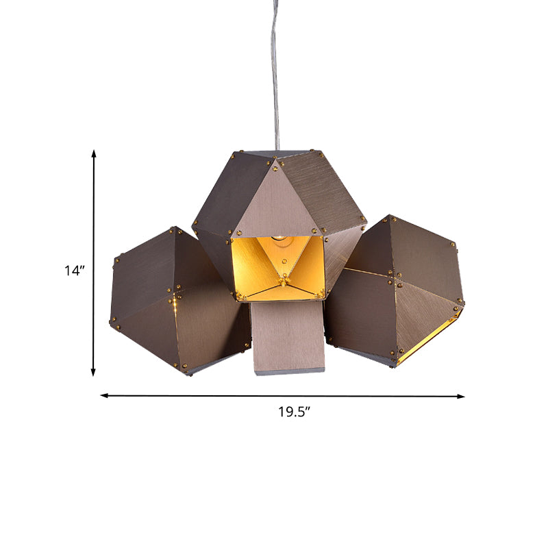 Polyhedron Shape Ceiling Chandelier Modernist Aluminum 3 Lights Restaurant Pendant Lamp in Coffee