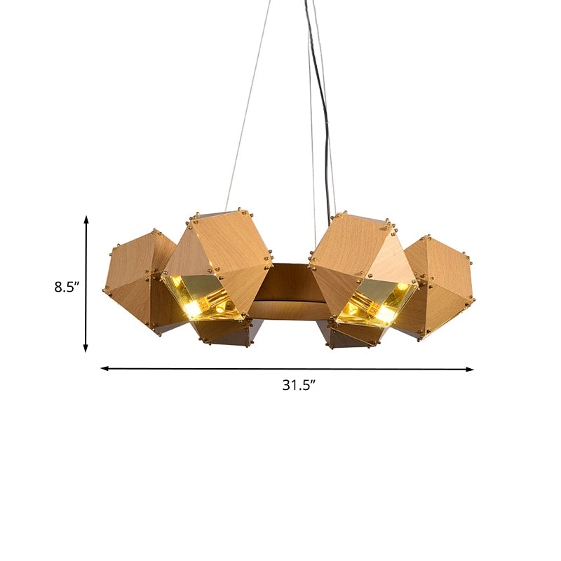 Polyhedron Restaurant Chandelier Metallic 6 Heads Modernist Ceiling Pendant Lamp in Dark Wood