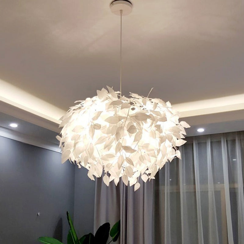 Fabric Leaf Chandelier Pendant Light Modernism 4-Head Hanging Lamp Kit in White for Bedroom