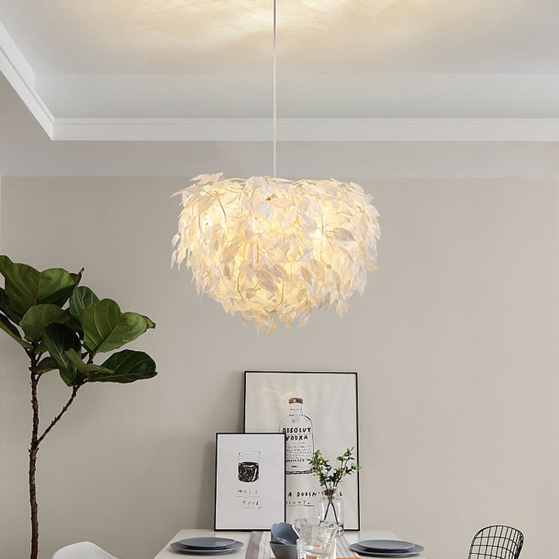 Fabric Leaf Chandelier Pendant Light Modernism 4-Head Hanging Lamp Kit in White for Bedroom