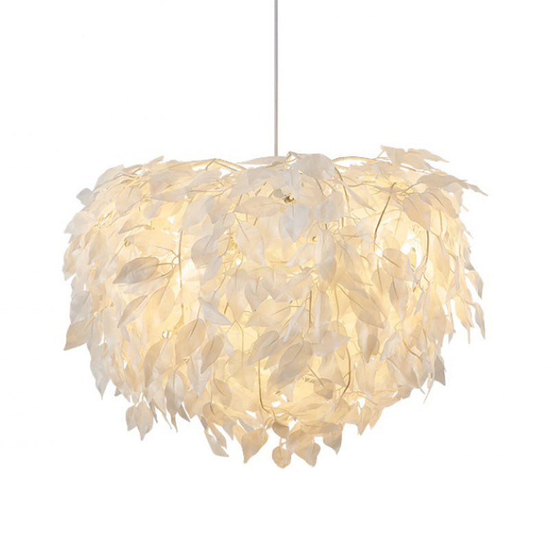 Fabric Leaf Chandelier Pendant Light Modernism 4-Head Hanging Lamp Kit in White for Bedroom