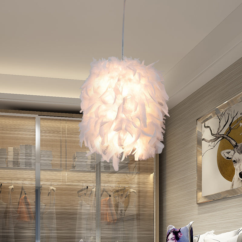 Fabric Feather Hanging Light Kit Contemporary 1 Head White Pendant Ceiling Lamp over Dining Table