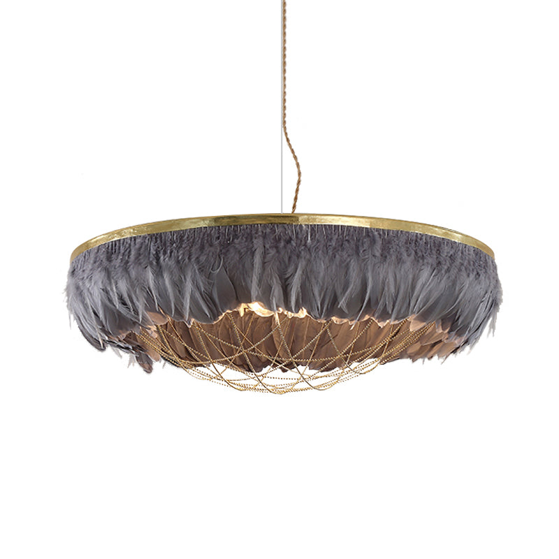 Dome Cage Metallic Chandelier Light moderne 2 ampoules Gold Plafond suspendu avec plume blanc / gris / rose Déco