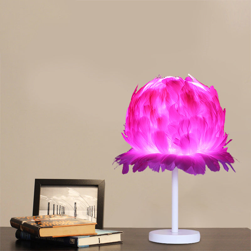 Fabric Feather Globe Table Lighting Modernism 1 Head White/Pink Nightstand Lamp for Bedroom