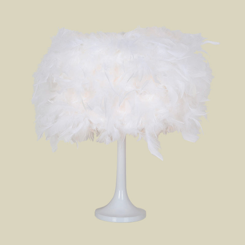 Modern 1 Light Desk Lighting White Feather Night Table Lamp with Fabric Shade for Living Room