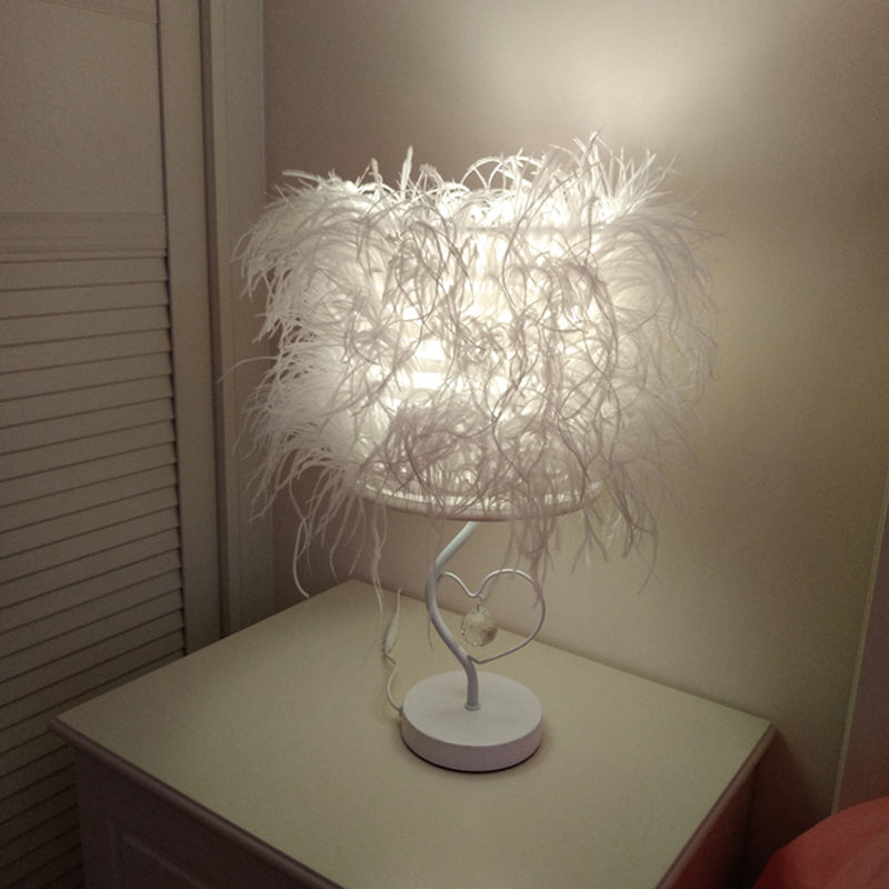 White Feather Night Table Lighting Modern 1-Bulb Fabric Desk Lamp for Bedside with Crystal Drop