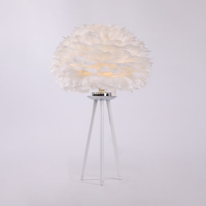 Modernist Feather Table Light Fabric 1-Light Bedside Nightstand Lamp in White with Tripod Base