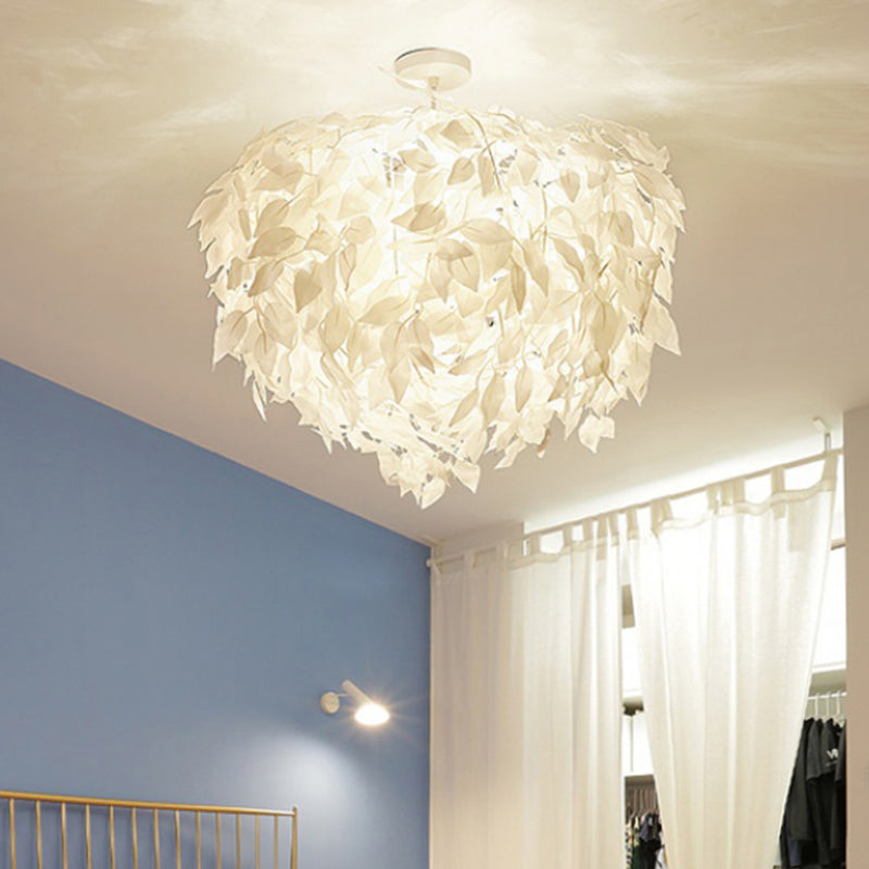 Fabric de feuilles semi-flush Mount Lighting Moderniste 4 lumières Plafond de plafond à chasse d'eau blanc pour chambre à coucher