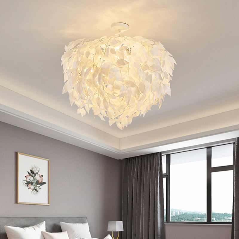 Fabric de feuilles semi-flush Mount Lighting Moderniste 4 lumières Plafond de plafond à chasse d'eau blanc pour chambre à coucher