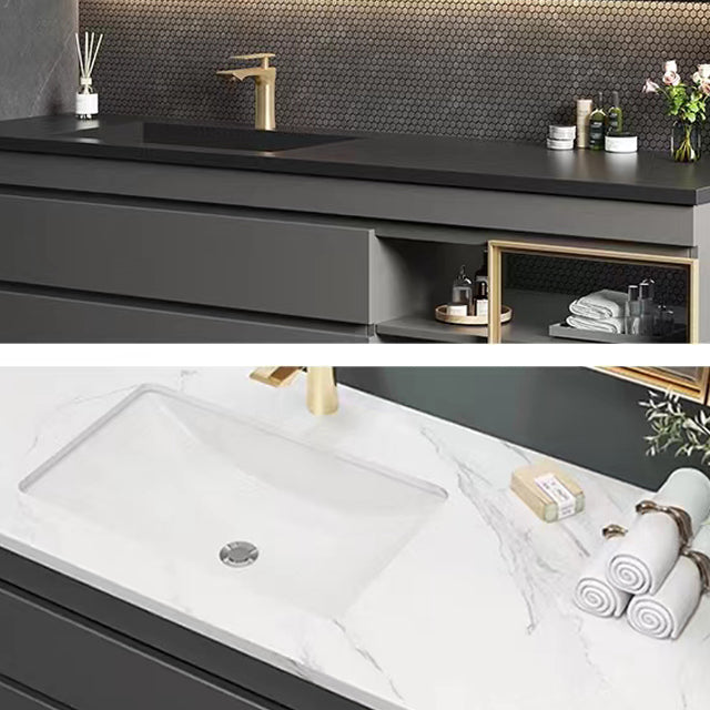 Wall-Mounted Vanity Grey Wood Frame Mirror Rectangle Single Sink Bath Vanity with Drawers