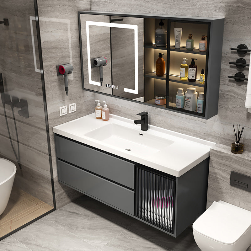 Grey Bath Vanity Wood Frame Mirror Single Sink Wall-Mounted Bath Vanity with 2 Drawers