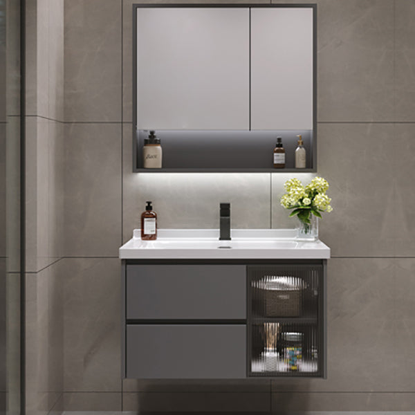 Grey Bath Vanity Wood Frame Mirror Single Sink Wall-Mounted Bath Vanity with 2 Drawers