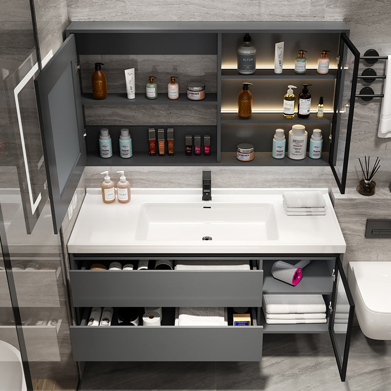 Grey Bath Vanity Wood Frame Mirror Single Sink Wall-Mounted Bath Vanity with 2 Drawers