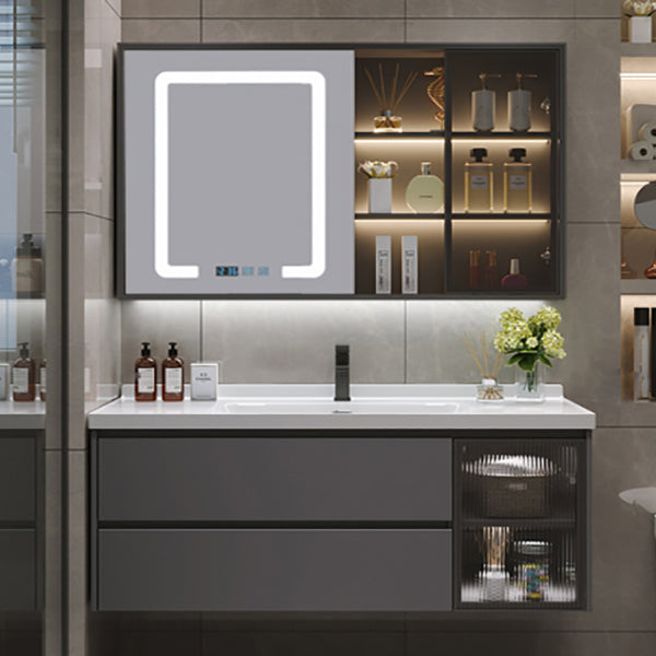 Grey Bath Vanity Wood Frame Mirror Single Sink Wall-Mounted Bath Vanity with 2 Drawers