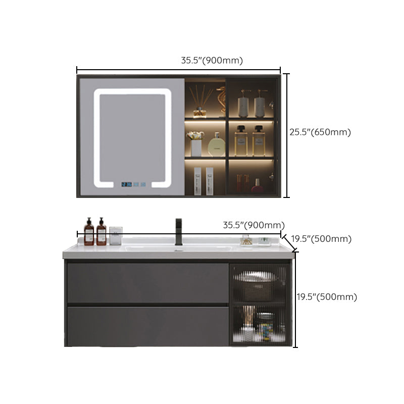 Grey Bath Vanity Wood Frame Mirror Single Sink Wall-Mounted Bath Vanity with 2 Drawers