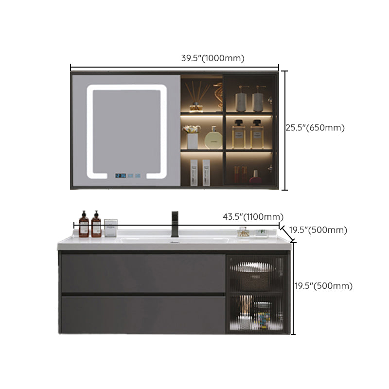 Grey Bath Vanity Wood Frame Mirror Single Sink Wall-Mounted Bath Vanity with 2 Drawers