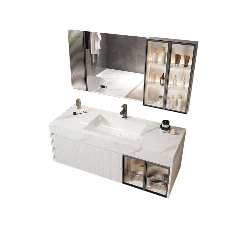 Mirror Bathroom Vanity Wall Mount Single Sink 2 Drawers Wood Frame Rectangle Vanity