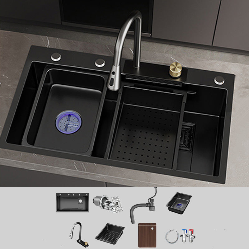 Single Bowl Kitchen Sink Black Stainless Steel Top Mount 3 Holes Sink with Strainer