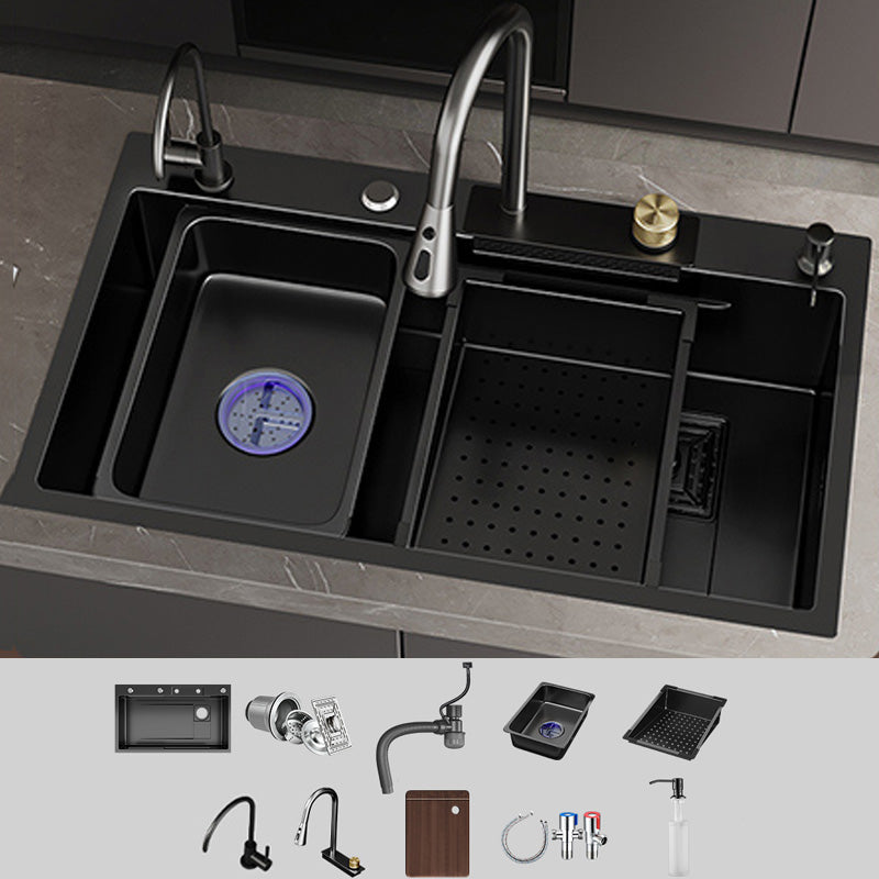 Single Bowl Kitchen Sink Black Stainless Steel Top Mount 3 Holes Sink with Strainer