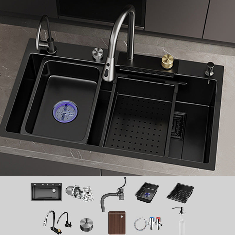 Single Bowl Kitchen Sink Black Stainless Steel Top Mount 3 Holes Sink with Strainer