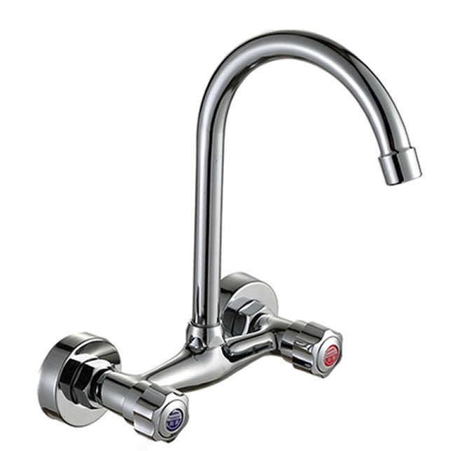 Contemporary Wall Mounted Kitchen Faucet High Arch Double Handles Water Filler in Chrome